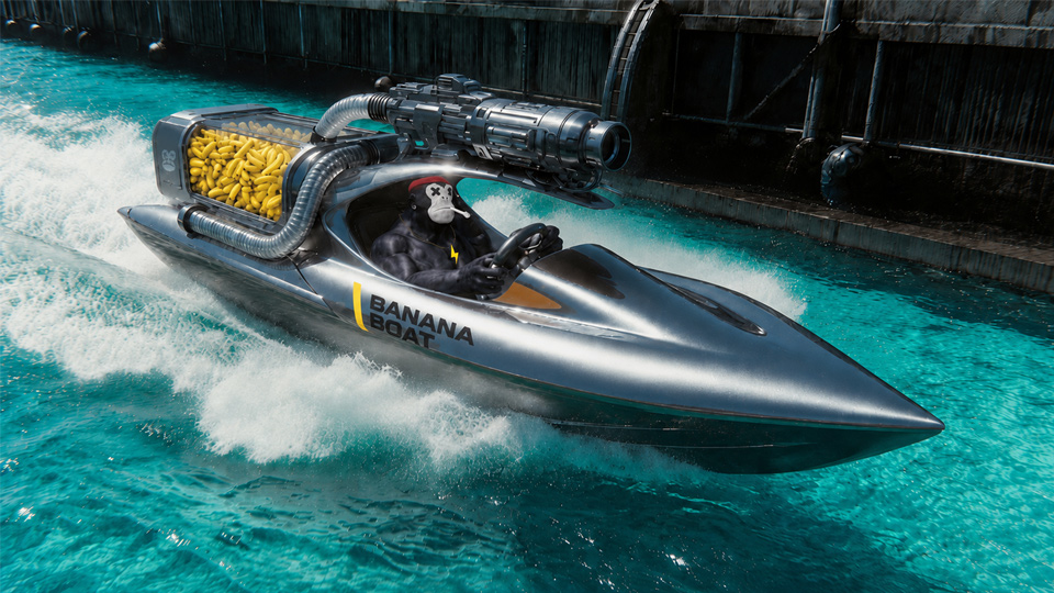 An ape racing a futuristic Banana Boat
