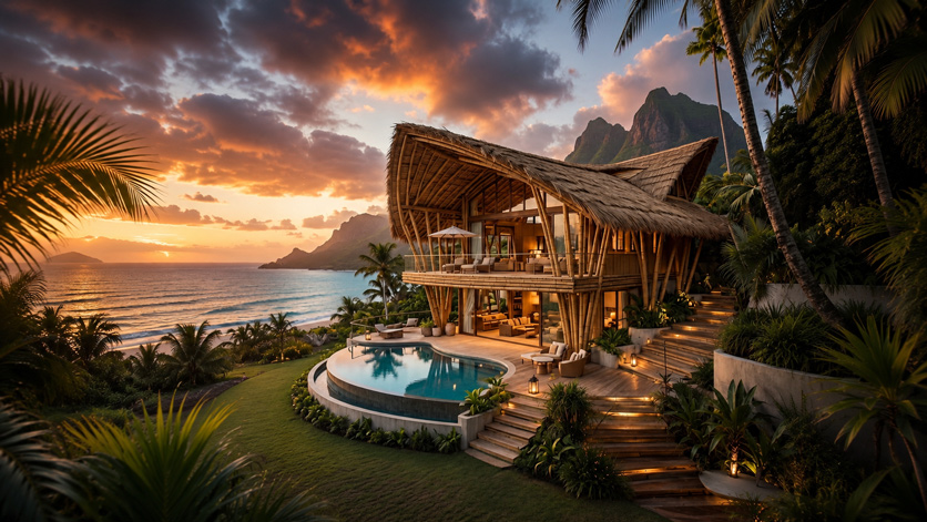 A coastal tropical property overlooking the ocean at sunset