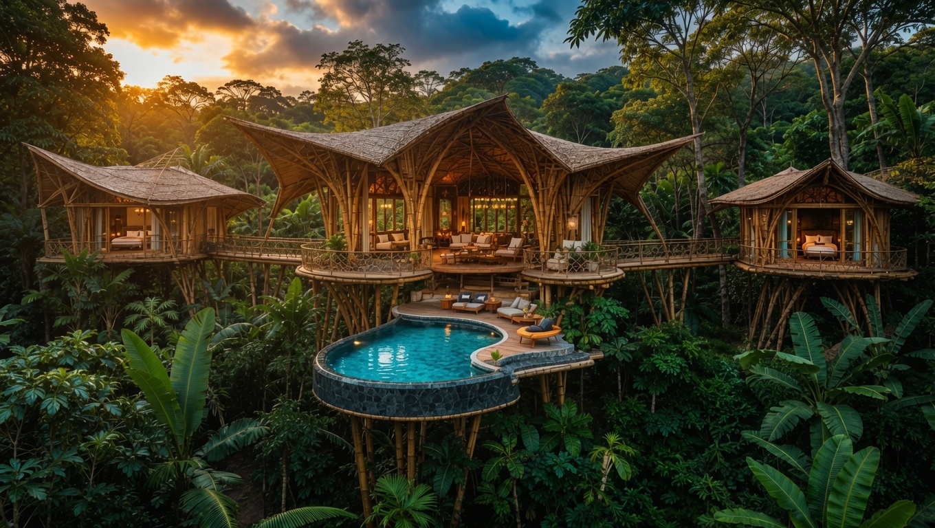 A tropical canopy retreat with bamboo architecture and a pool at sunset